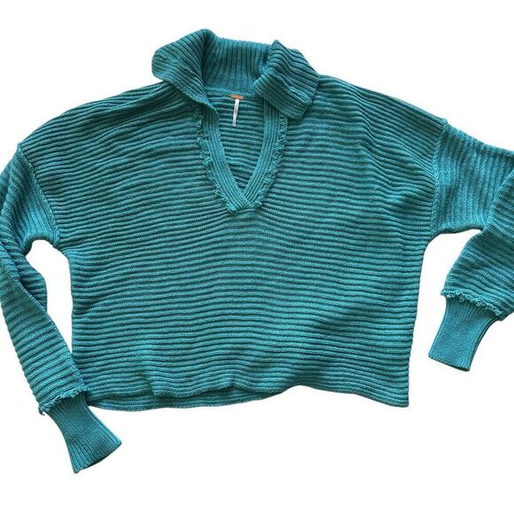 Free People Marlie sweater oversized sz Large L teal turquoise blue ribbed knit - Picture 2 of 8